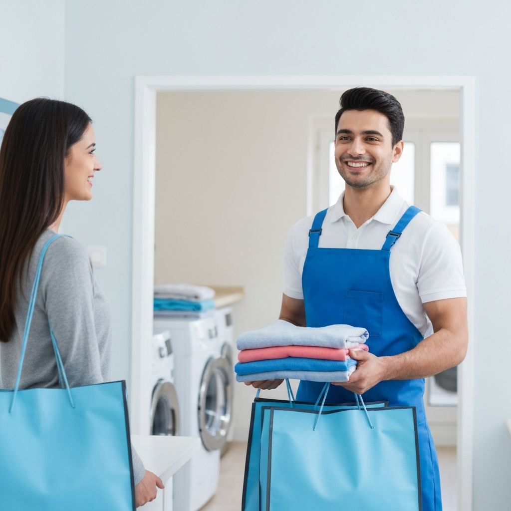 Laundry Wale delivery person handing freshly cleaned clothes to a customer